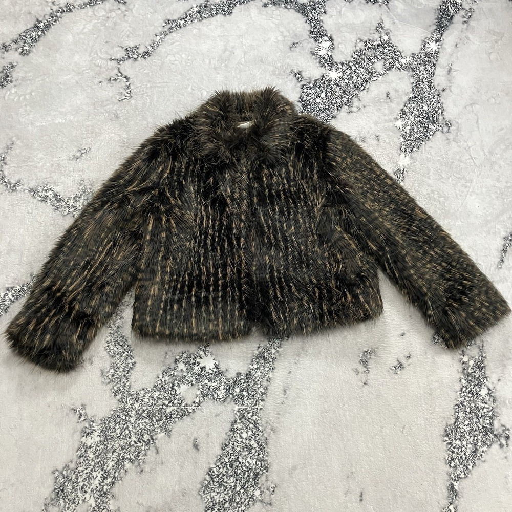 Painted Pony Faux Fur Jacket Womens Large Cropped Brown Black Textured Coat